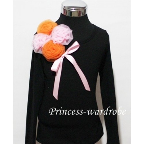 Black Long Sleeve Top with Bunch of Orange Pink Rosettes and Pink Bow TB73 