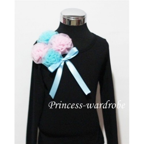 Black Long Sleeve Top with Bunch of Light Blue Pink Rosettes and Blue Bow TB76 
