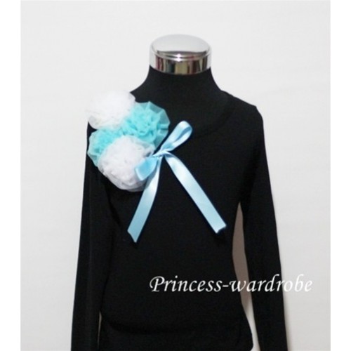 Black Long Sleeve Top with Bunch of White Blue Rosettes and Blue Bow TB77 