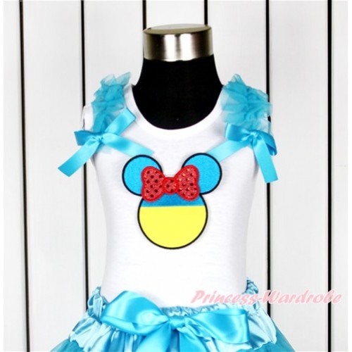 World Cup White Tank Top With Peacock Blue Ruffles & Peacock Blue Bow With Sparkle Red Ukraine Minnie Print TB624 
