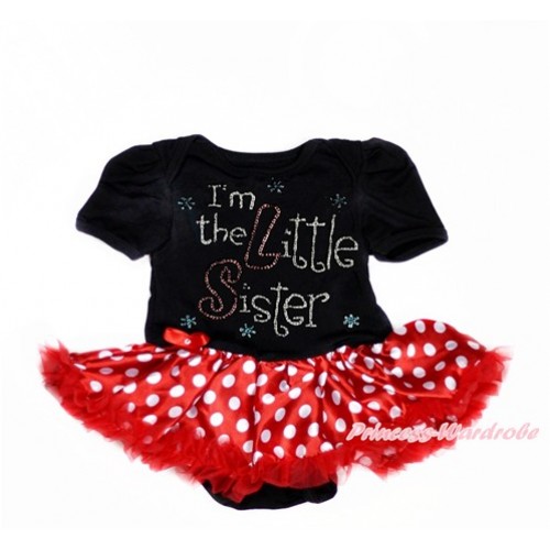 Black Baby Bodysuit Jumpsuit Minnie Dots Pettiskirt with Sparkle Crystal Bling Rhinestone I'm the Little Sister Print JS3011 