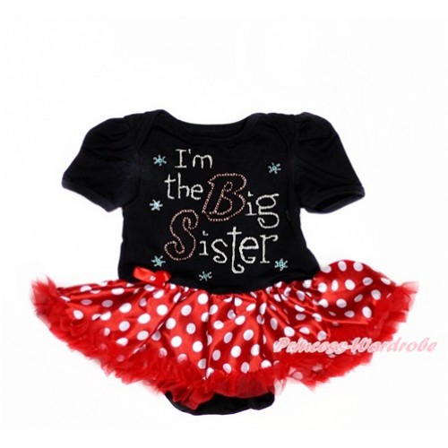 Black Baby Bodysuit Jumpsuit Minnie Dots Pettiskirt with Sparkle Crystal Bling Rhinestone I'm the Big Sister Print JS3012 