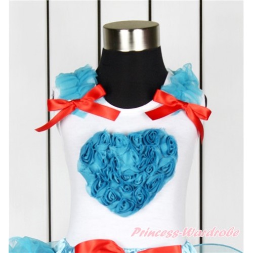 Valentine's Day White Tank Top With Peacock Blue Ruffles & Red Bow With Peacock Blue Rosettes Heart Print TB626 