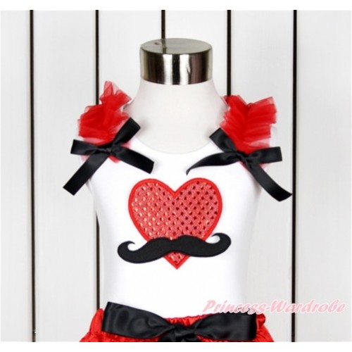 Valentine's Day White Tank Top With Red Ruffles & Black Bow With Mustache Sparkle Red Heart Print TB634 
