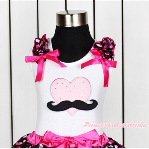 Valentine's Day White Tank Top With Hot Light Pink Heart Ruffles & Hot Pink Bow With Mustache Light Pink Heart Print TB644 
