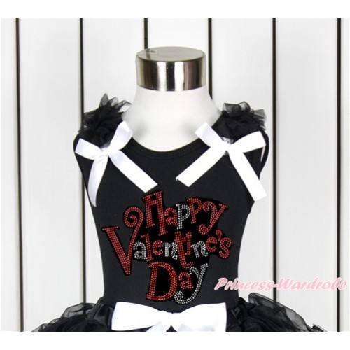 Valentine's Day Black Tank Top With Black Ruffles & White Bow With Sparkle Crystal Bling Rhinestone Happy Valentine's Day Print TB649 