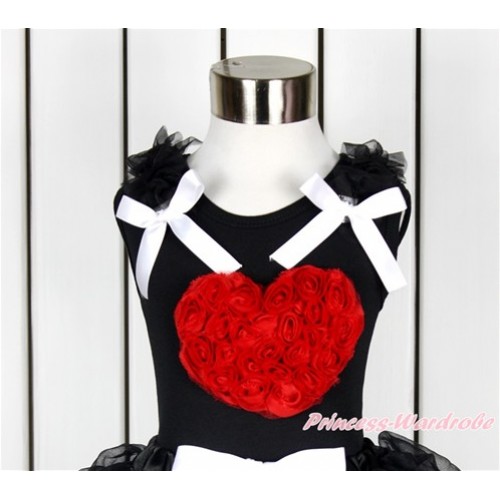 Valentine's Day Black Tank Top With Black Ruffles & White Bow With Red Rosettes Heart Print TB651 