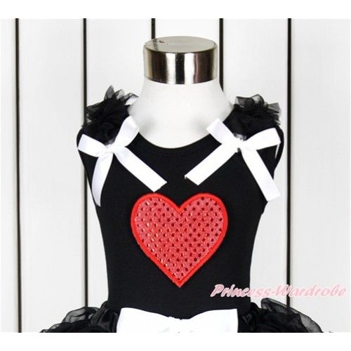 Valentine's Day Black Tank Top With Black Ruffles & White Bow With Sparkle Red Heart Print TB653 