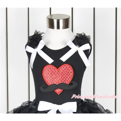 Valentine's Day Black Tank Top With Black Ruffles & White Bow With Mustache Sparkle Red Heart Print TB654 