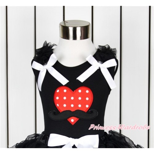 Valentine's Day Black Tank Top With Black Ruffles & White Bow With Mustache Red White Dots Heart Print TB655 