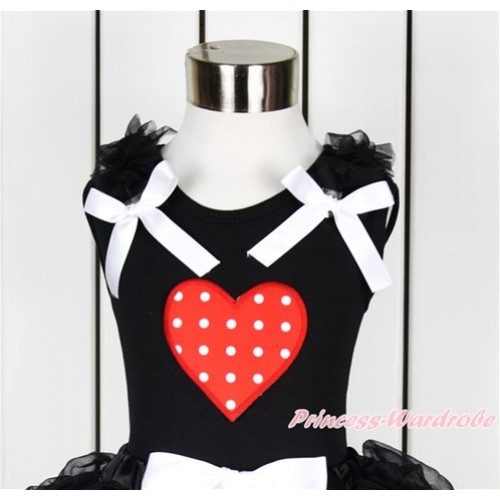 Valentine's Day Black Tank Top With Black Ruffles & White Bow With Red White Dots Heart Print TB656 