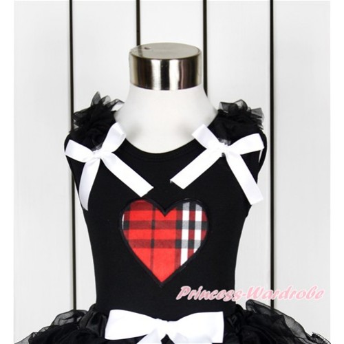 Valentine's Day Black Tank Top With Black Ruffles & White Bow With Red Black Checked Heart Print TB659 