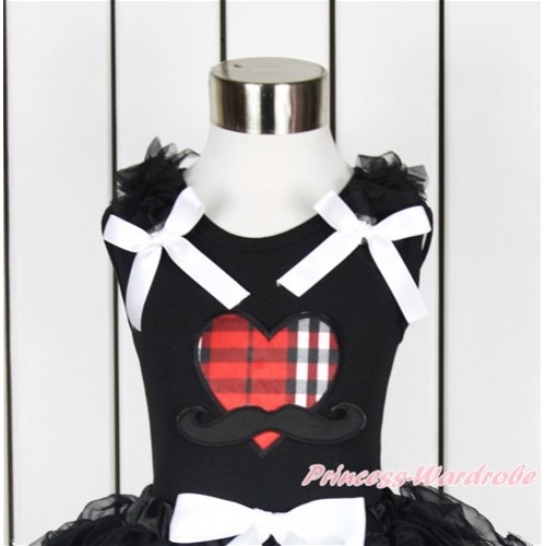 Valentine's Day Black Tank Top With Black Ruffles & White Bow With Mustache Red Black Checked Heart Print TB660 