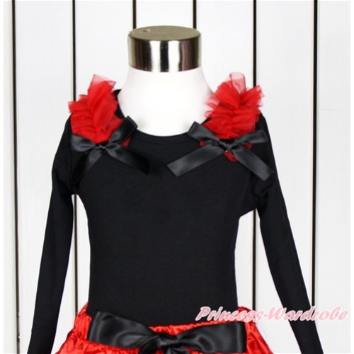 Black Long Sleeves Top with Red Ruffles & Black Bow TO345 