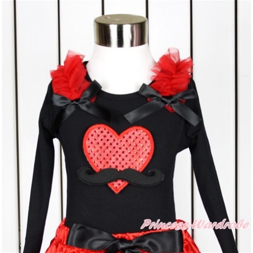 Valentine's Day Black Long Sleeves Top With Red Ruffles & Black Bow with Mustache Sparkle Red Heart Print TO346 