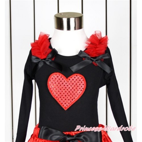 Valentine's Day Black Long Sleeves Top With Red Ruffles & Black Bow with Sparkle Red Heart Print TO347 
