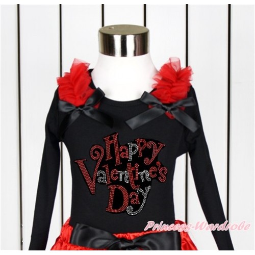 Valentine's Day Black Long Sleeves Top With Red Ruffles & Black Bow with Sparkle Crystal Bling Rhinestone Happy Valentine's Day Print TO349 