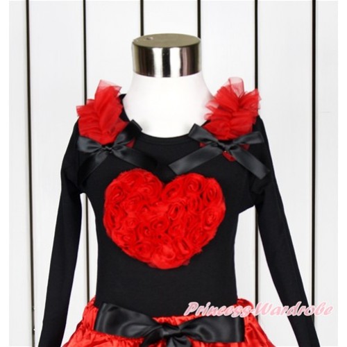 Valentine's Day Black Long Sleeves Top With Red Ruffles & Black Bow with Red Rosettes Heart Print TO351 