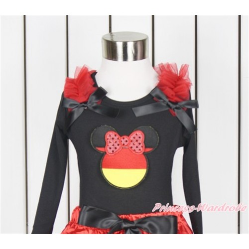 World Cup Black Long Sleeves Top With Red Ruffles & Black Bow with Sparkle Red Germany Minnie Print TO353 