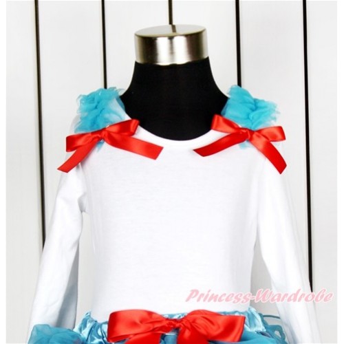 White Long Sleeves Top with Peacock Blue Ruffles & Red Bow TW420 