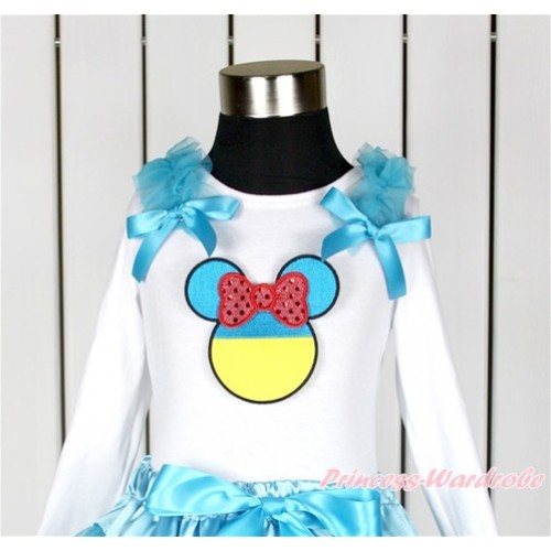 World Cup White Long Sleeves Top With Peacock Blue Ruffles & Peacock Blue Bow with Sparkle Red Ukraine Minnie Print TW423 