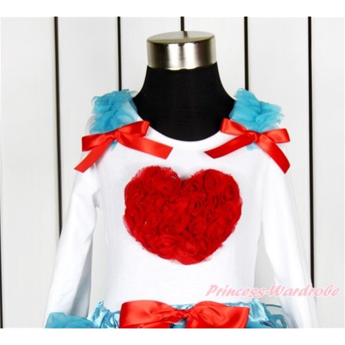 Valentine's Day White Long Sleeves Top With Peacock Blue Ruffles & Red Bow with Red Rosettes Heart Print TW426 