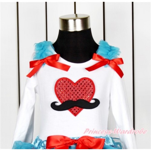 Valentine's Day White Long Sleeves Top With Peacock Blue Ruffles & Red Bow with Mustache Sparkle Red Heart Print TW428 