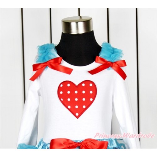 Valentine's Day White Long Sleeves Top With Peacock Blue Ruffles & Red Bow with Red White Dots Heart Print TW431 