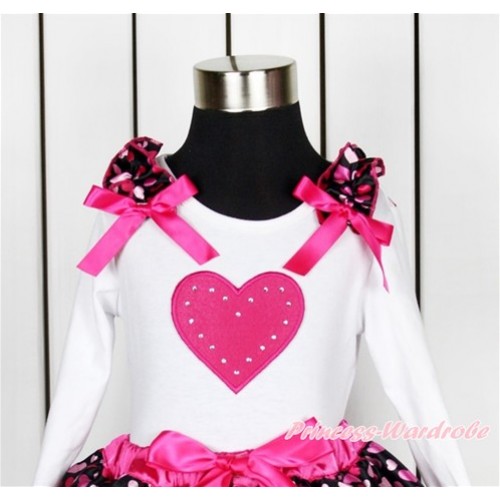 Valentine's Day White Long Sleeves Top With Hot Light Pink Heart Ruffles & Hot Pink Bow with Hot Pink Heart Print TW433 