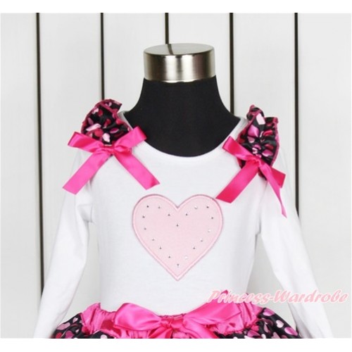 Valentine's Day White Long Sleeves Top With Hot Light Pink Heart Ruffles & Hot Pink Bow with Light Pink Heart Print TW436 