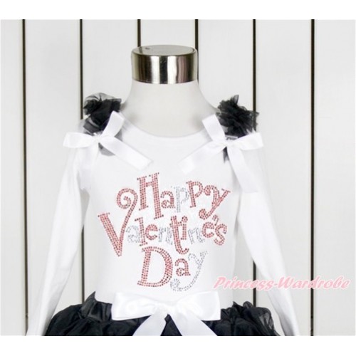 Valentine's Day White Long Sleeves Top With Black Ruffles & White Bow with Sparkle Crystal Bling Rhinestone Happy Valentine's Day Print TW440 
