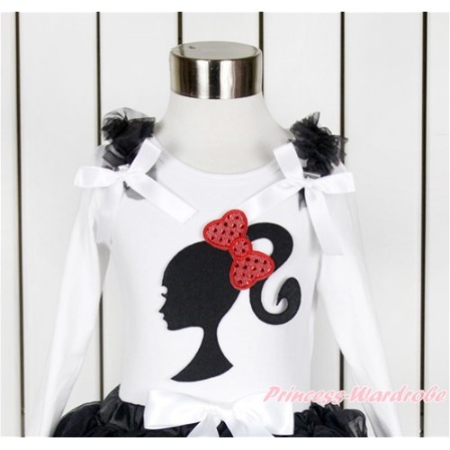 White Long Sleeves Top With Black Ruffles & White Bow with Sparkle Red Bow Barbie Princess Print TW446 