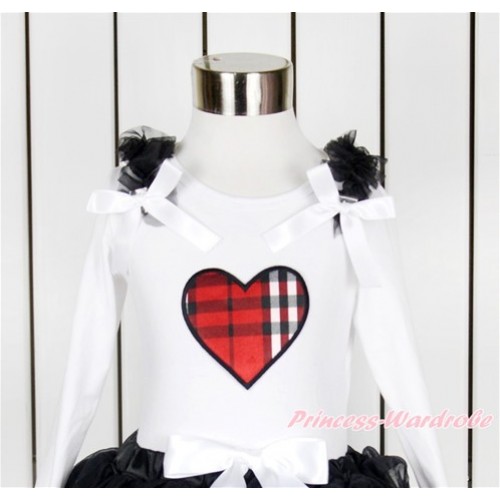 Valentine's Day White Long Sleeves Top With Black Ruffles & White Bow with Red Black Checked Heart Print TW447 