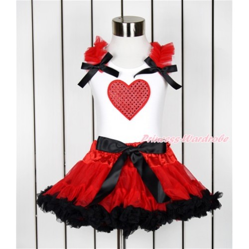 Valentine's Day White Tank Top with Red Ruffles & Black Bow with Sparkle Red Heart Print & Red Black Pettiskirt MG1010 