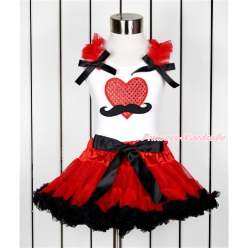 Valentine's Day White Tank Top with Red Ruffles & Black Bow with Mustache Sparkle Red Heart Print & Red Black Pettiskirt MG1011 