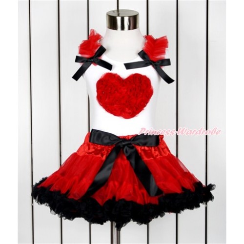 Valentine's Day White Tank Top with Red Ruffles & Black Bow with Red Rosettes Heart Print & Red Black Pettiskirt MG1013 