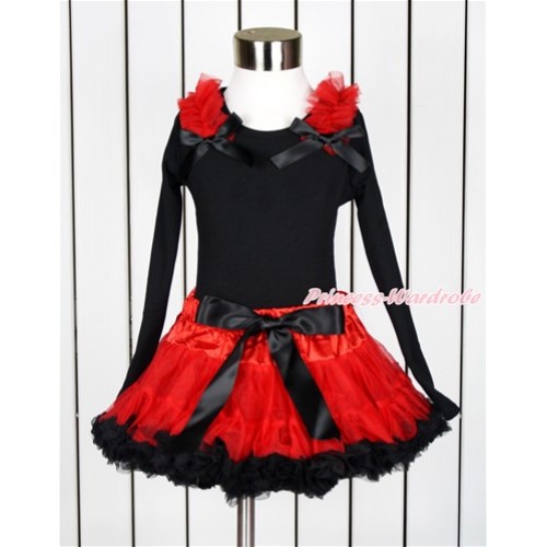 Black Long Sleeve Top with Red Ruffles & Black Bow with Matching Red Black Pettiskirt  MW427 