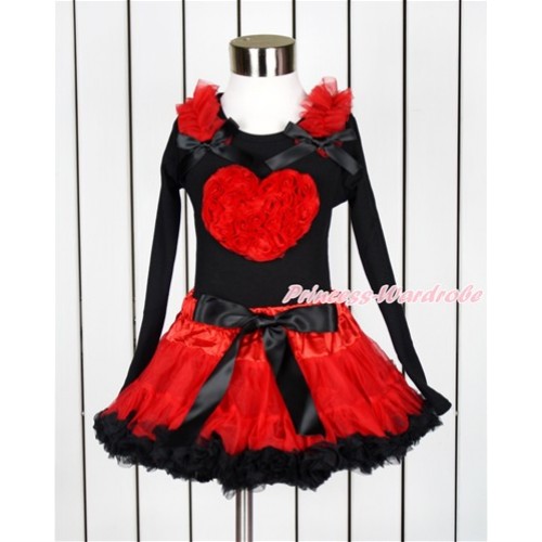 Valentine's Day Black Long Sleeve Top with Red Ruffles & Black Bow with Red Rosettes Heart Print with Red Black Pettiskirt MW433 
