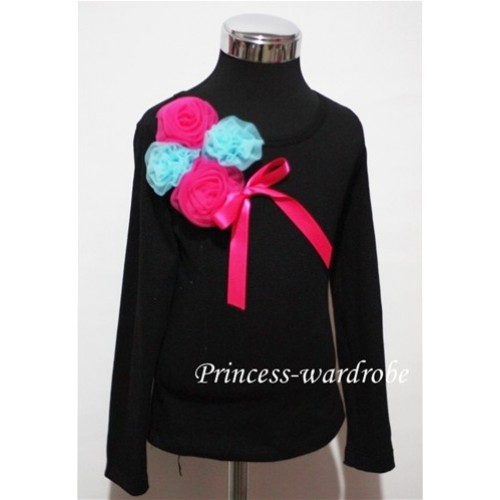 Black Long Sleeve Top with Bunch of Hot Pink Blue Rosettes and Hot Pink Bow TB82 