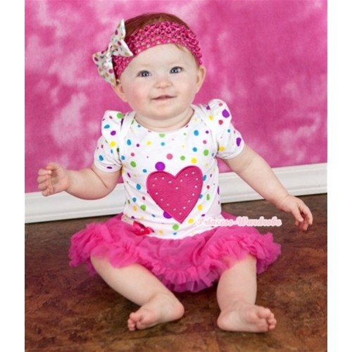 White Rainbow Dots Baby Jumpsuit Hot Pink Pettiskirt With Hot Pink Heart Print With Hot Pink Headband White Rainbow Dots Satin Bow JS206 