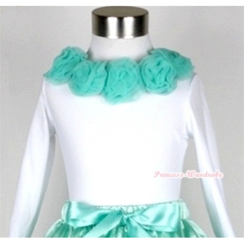 White Long Sleeves Tops with Aqua Blue Rosettes T268 