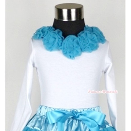 White Long Sleeves Tops with Peacock Blue Rosettes T270 