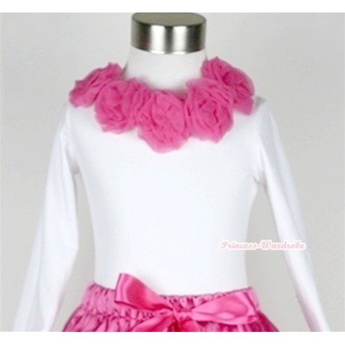 White Long Sleeves Tops with Hot Pink Rosettes T271 
