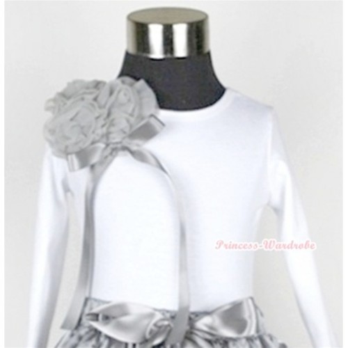 White Long Sleeve Top with Bunch of Grey Rosettes& Grey Bow T273 