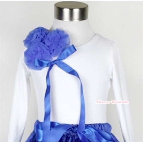 White Long Sleeve Top with Bunch of Royal Blue Rosettes& Royal Blue Bow T274 