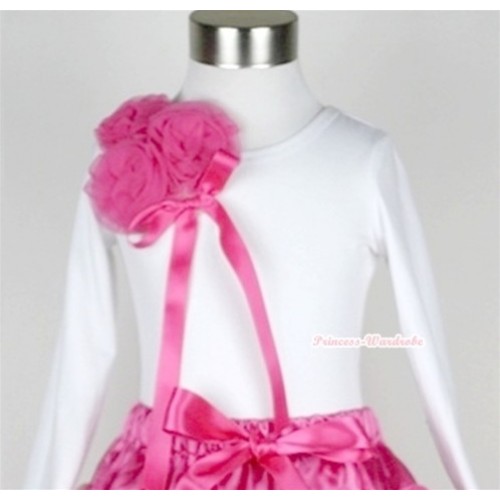 White Long Sleeve Top with Bunch of Hot Pink Rosettes& Hot Pink Bow T276 
