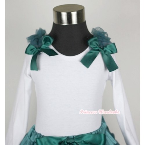 White Long Sleeves Top with Teal Green Ruffles & Teal Green Bow T278 