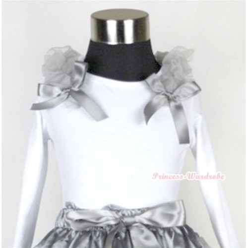 White Long Sleeves Top with Grey Ruffles & Grey Bow T280 