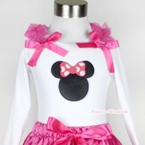 White Long Sleeves Top with Hot Pink Minnie Print With Hot Pink Ruffles & Hot Pink Bow T285 