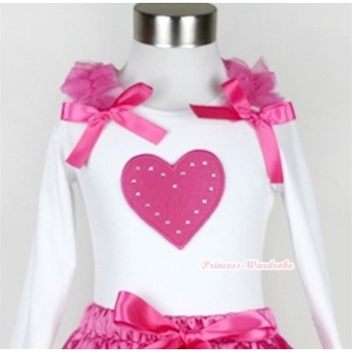 White Long Sleeves Top with Hot Pink Heart Print With Hot Pink Ruffles & Hot Pink Bow T287 